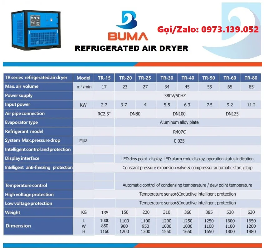 MÁY SẤY KHÍ BUMA (AIR DRYER) TR-40 6 thông số kỹ thuật của máy sấy khí buma